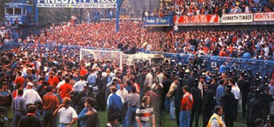 The Leppings Lane end inside Hillsborough Stadium during the disaster (goalposts centre)