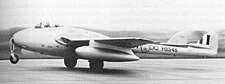 One of the first three Vampires to be delivered to the Indian Air Force. The plane sports the Chakra roundel. This aircraft war later incorporated into No. 7 Sqn No.7 Vampire.jpg