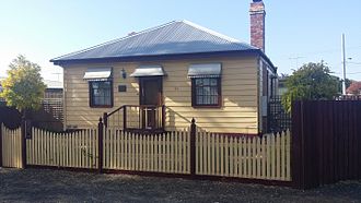 The prefabricated 4 room weatherboard clad cottage at 21 Brewongle Avenue Hamlyn Heights is one of a number of portable buildings imported to Geelong in the period 1853-1856 to meet accommodation needs during the Victorian gold rush. Prefabricated4 room weatherboard clad cottage, 21 Brewongle Avenue Hamlyn Heights.jpg