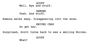 Part of a page from the script for the film, showing the new ending Scott Pilgrim new ending script.png