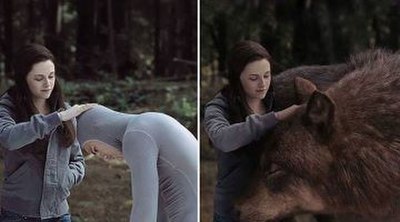 The scene where Taylor Lautner himself played the wolf, in contrast to other scenes that were simply animated. The left frame is the unedited footage,