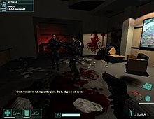 The player character is here accompanied by two friendly NPCs, a gameplay element emphasised during the game's promotion. F.E.A.R. Perseus Mandate gameplay 1.jpg