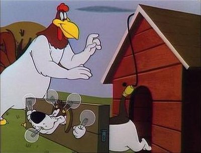 Foghorn Leghorn and George P. Dog (Barnyard Dawg) in The EGGcited Rooster (1952).