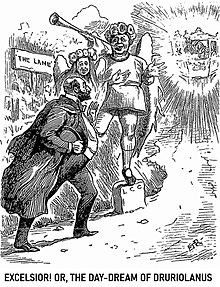 caricature of Harris toiling uphill towards the vision of a golden carriage. Two well known musical hall performers imperfectly disguised as guardian angels urge him on his way