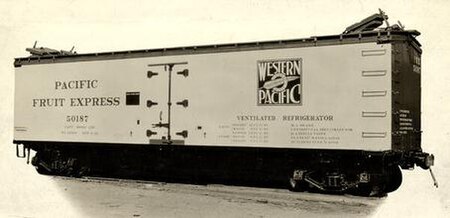 An ACF builder's photo of Pacific Fruit Express car #50187, one of the first to wear the WP's "Feather River Route" emblem. PFE 50187.jpg