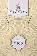 Thumbnail for File:ZYZZYVA magazine cover, Spring &amp; Summer 2014, issue No. 100, designed by Josh Korwin.jpg