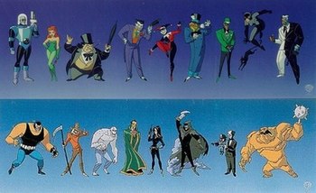 Batman's rogues gallery from left to right: Mr. Freeze, Poison Ivy, the Penguin, the Joker, Harley Quinn, the Mad Hatter, the Riddler, Catwoman (with her cat Isis), Two-Face, Bane, the Scarecrow, Killer Croc, Ra's al Ghul, Talia al Ghul, the Phantasm, the Ventriloquist and Scarface, and Clayface Batman Villains.jpg