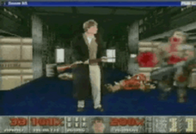 Screen shot of Bill Gates avatar in a Doom game holding a shotgun