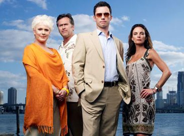 The 2009 cast of Burn Notice (l-r): Sharon Gless, Bruce Campbell, Jeffrey Donovan, and Gabrielle Anwar