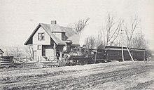 Narrow gauge passenger train at Norwood Park (Smith Road), 1887, pulled by Brooks Mogul #6 CL&N passenger train at South Norwood.jpg