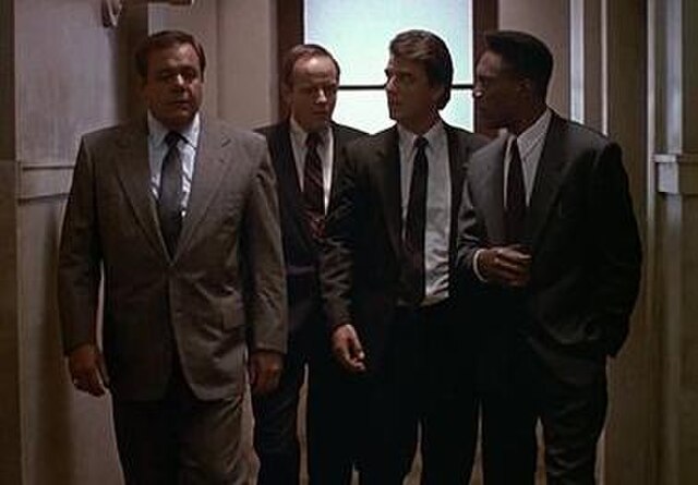 Season 2 (1991–92), from left: Paul Sorvino, Moriarty, Noth and Brooks (This was also initially the cast of season 3, until Sorvino was replaced by Je