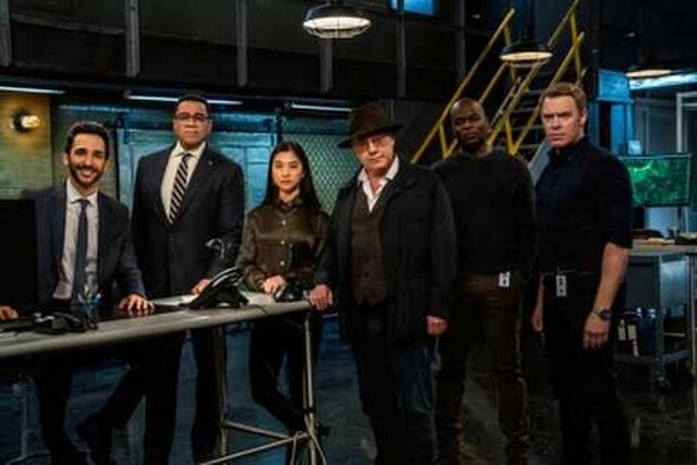 The Blacklist characters (season 9; 2021–2022) from left to right:Aram Mojtabai (Amir Arison), Harold Cooper (Harry Lennix), Alina Park (Laura Sohn), 