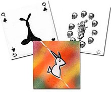 Custom Return of White Rabbit artworks; 'playing cards' by drummer Rick McMurray, 'apocalyptic bunny rabbit' by vocalist/guitarist Tim Wheeler and 'day-glo stencil' by bassist Mark Hamilton[12][13]