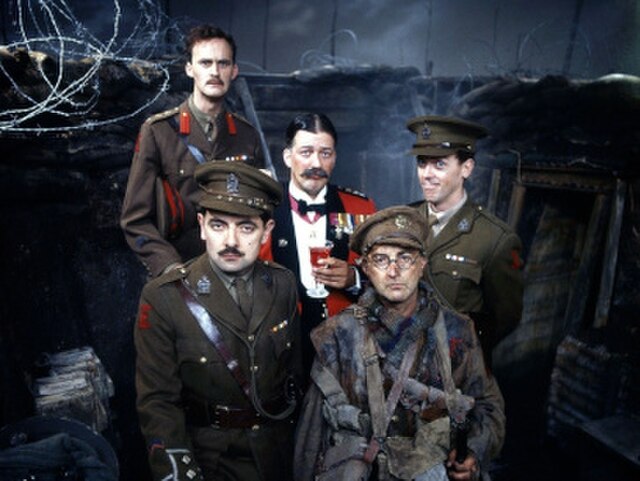 Left to right: Tim McInnerny, Rowan Atkinson, Stephen Fry, Tony Robinson and Hugh Laurie in Blackadder Goes Forth