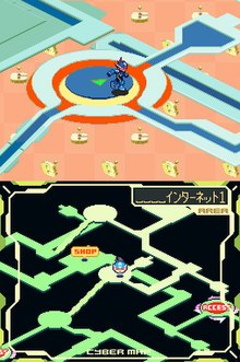 Geo Stelar as Mega Man traversing the internet. The bottom screen displays the map. Exe oss screen.jpg