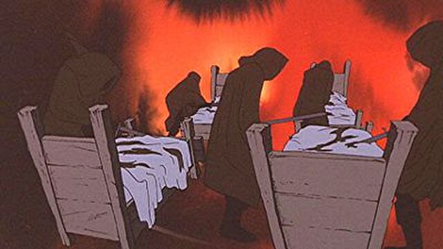The Nazgûl hacking and slashing at the hobbits' beds in the Prancing Pony inn at Bree, in Ralph Bakshi's 1978 animated film version