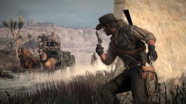 Red Dead Redemption features a cover system that lets players hide behind objects and reach out to fire on people and animals.