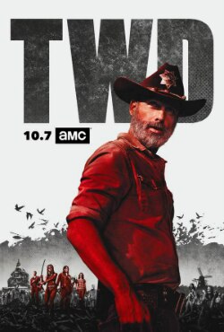 Promotional poster art prominently featuring lead character Rick Grimes (foreground)
