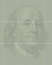 Ben Franklin, a montage of 125,000 US $100 bills, the amount spent on the Iraq War every hour. 8.5 ft (2.6 m) wide by 10.5 ft (3.2 m) tall in three horizontal panels. Ben-franklin-montage.jpg