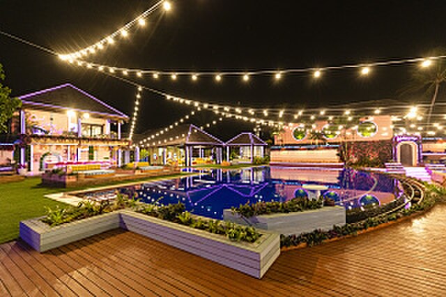 The Love Island villa at night