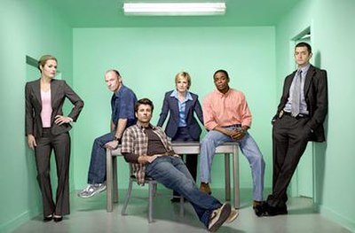 The main cast of Psych (L–R): Maggie Lawson, Corbin Bernsen, James Roday, Kirsten Nelson, Dulé Hill, and Timothy Omundson.