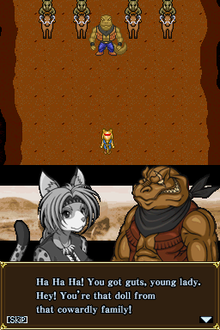 Cutscene featuring Catty (left) and Terano (right), with their sprites depicted on the top screen and character portraits and dialog on the bottom screen. The Wild West DS screenshot.png