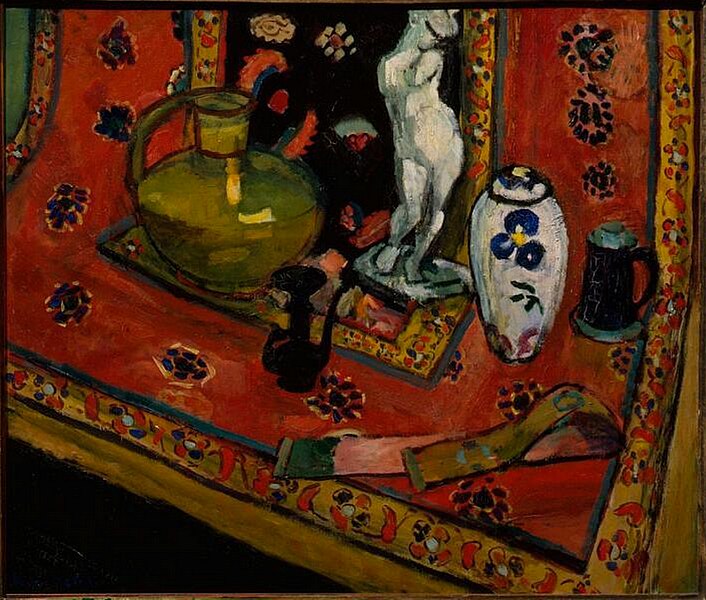 File:Henri Matisse, 1908, Statuette and Vases on Oriental Carpet (Still Life in Red of Venice), oil on canvas, 89 x 105 cm, Pushkin Museum, Moscow.jpg