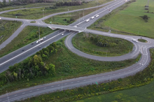 A dumbbell interchange along Ontario Highway 401 in Clarington

43deg53'3''N 78deg43'20''W / 43.88417degN 78.72222degW / 43.88417; -78.72222 Holt Road Dogbone.png