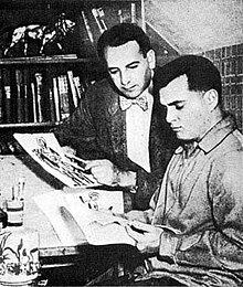 Joe Simon and Jack Kirby in their studio at work on the creation of the Boys' Ranch feature, 1950. Simonkirbyphoto.jpg