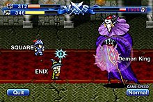 A battle against the demon king, with two characters currently attacking, named "Square" and "Enix". Voice Fantasy gamplay.jpg