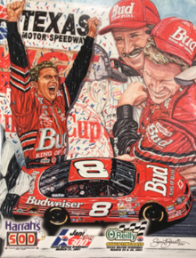 The 2001 Harrah's 500 program cover, with artwork from Sam Bass. The cover celebrates Dale Earnhardt Jr.'s first ever win at the 2000 DirecTV 500. The painting is called "A Texas Sized Win!"