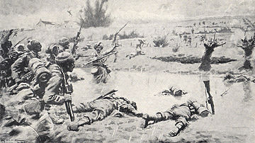 40th Pathans attacking German positions near Ypres, 26 April 1915. Illustration by AC Michael. 40th Pathans, Ypres, 26 April 1915.jpg