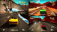 Joy Ride Turbo combines elements from other kart racing games such as powerups, split-screen multiplayer, and combat racing. Joe Ride Turbo Gameplay.jpg