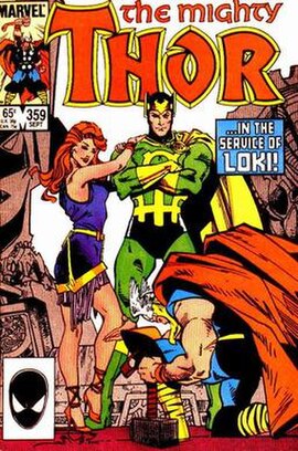 Cover of Thor #359 with Lorelei, Loki and Thor Art by Walt Simonson.