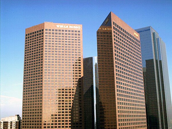 The Wells Fargo Center, One California Plaza and Two California Plaza, stands on the highest point of Bunker Hill. As seen from the top of the Westin 