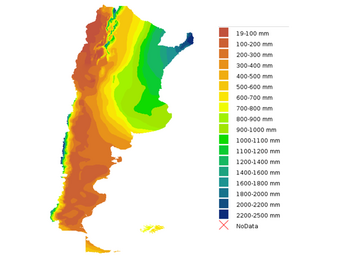 Located in the western part of the country among the foothills of the Andes, the major wine regions of Argentina have a semi-arid desert-like climate owing to low annual precipitation and rely on irrigation from the melting snow caps of the mountains for viticulture. Annual Precipitation Map Argentina INTA.png