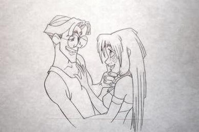 Production layout sketch of Milo and Kida. Milo's character design was based in part on sketches of the film's language consultant, Marc Okrand.