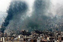 Adnan's digitally manipulated photograph of the aftermath of an IDF attack on Beirut. Beirut-smoke.jpg