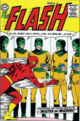 Cover of The Flash #105 (February–March 1959), the first number of the series. Art by Carmine Infantino and Joe Giella