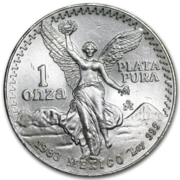 Reverse of the 1982-1995 design showing frontal view of the Angel of Independence with the volcanoes Popocatépetl and Iztaccíhuatl