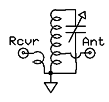 Circuit of a very simple preselector. For any one frequency, using a larger tuning coil results in a narrower bandwidth, i.e. greater rejection of out-of-tune signals. Preselector, Wiring diagram of a simple radio circuit.png