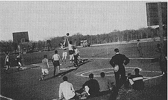 The outdoor basketball court at the southwest corner of Clark Field, site of UT basketball home games from 1906 to 1916 UTexas Clark Field basketball court (1906-16).jpg