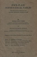 These mathematical tables from 1925 were distributed by the College Entrance Examination Board to students taking the mathematics portions of the tests Four-Place Mathematical Tables cover.jpg