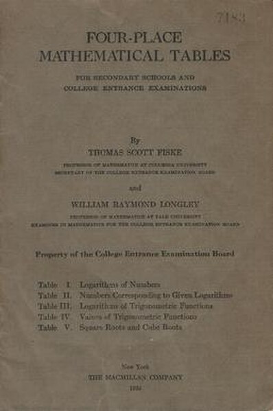 These mathematical tables from 1925 were distributed by the College Entrance Examination Board to students taking the mathematics portions of the test