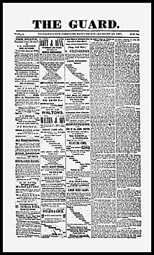 Front page of one of the earliest surviving examples of The Guard, published by John B. Alexander in August 1867 Guard-18670824.jpg