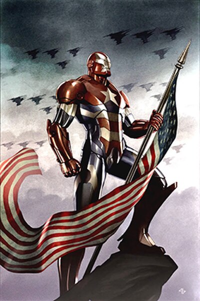 Norman Osborn as Iron Patriot on the cover of Dark Avengers vol. 1, #1 (December 2008). Art by Mike Deodato Jr.