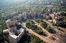 The massive Freedom Square in Kharkiv 1925-1953 blends early constructivist and latter Stalinist features. It was the first major architectural project of Soviet Ukraine. Kharkov Freedom Square.jpg