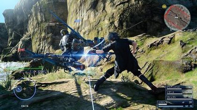 The Active Cross Battle system in action, showing Noctis attacking a hostile soldier in one of the game's environments