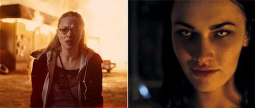 Seyfried (left) as Needy during the fire which leads to Jennifer's kidnapping, and Fox (right) as demonic Jennifer a month after the incident; the spe