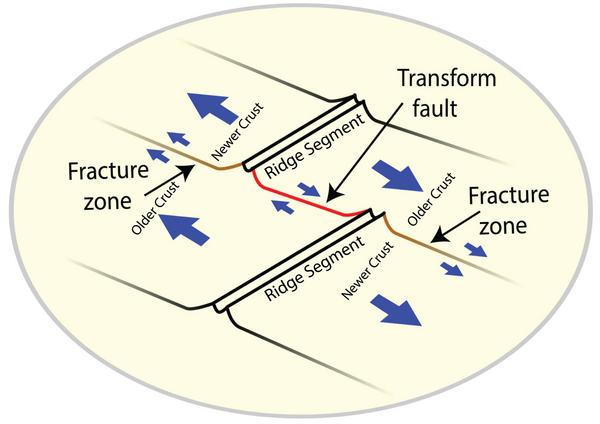 Oceanic crust age differences and ridge-ridge transform faulting associated with offset mid-ocean ridge segments lead to the formation of fracture zones.